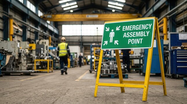 Green emergency assembly point sign in a factory for evacuation protocol.