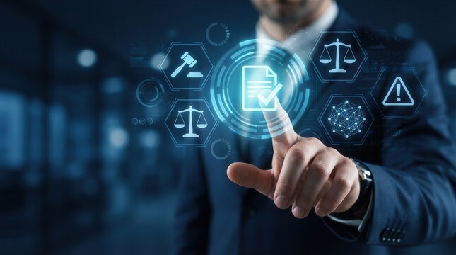 Businessman touching compliance icons on a virtual screen for law and regulation enforcement.