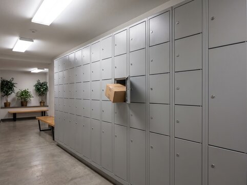 Cardboard package sticking out of an open gray locker compartment in a modern hallway