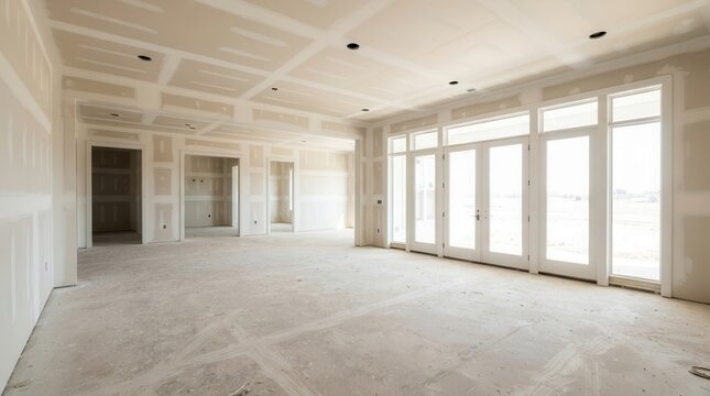 Empty living room in a new build house after putty work on walls and ceiling