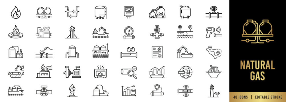 Natural gas and LNG line icon set, editable stroke. Pipeline, storage tank, gas meter, flare stack, drilling and energy supply. 40 vector icons.