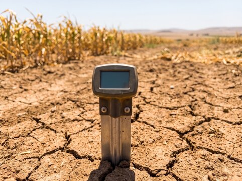 Digital soil moisture meter measuring cracked dry earth in a withered corn field