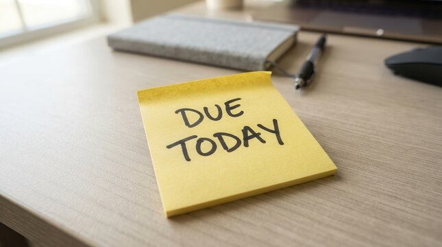 Yellow sticky note with handwritten text saying DUE TODAY as an urgent reminder.