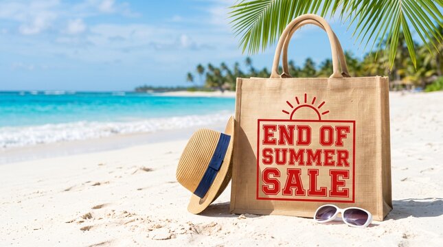 Burlap tote bag with end of summer sale text standing on white sand beach near ocean and palm tree.