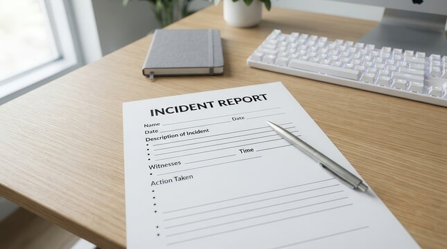 Incident report document with a pen and keyboard on a light wooden desk