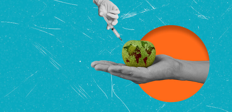 Art collage showing a hand holding a green apple with colors and a syringe injecting something into the apple