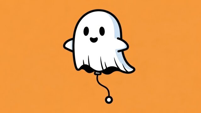Playful white cartoon ghost floating over a warm orange background in a friendly illustrated scene.