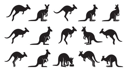 Fototapeta premium Kangaroo silhouette vector set, 15 black Australian animal icons. Jumping wallaby silhouettes for nature logos and travel branding.