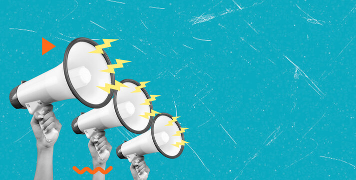 Art collage featuring hands holding megaphones with sound waves on a bright blue background