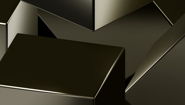 Abstract 3D render of glossy gold metallic cubes closeup, dark geometric block structure, luxury modern technology concept. Closeup of glossy, gold metallic cubes, showcasing a smooth, reflective