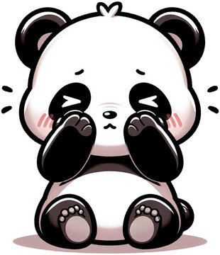 A shy panda hiding its face with its paws