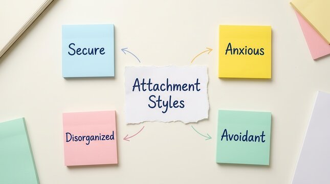 Psychological attachment styles diagram with secure, anxious, avoidant, and disorganized notes.