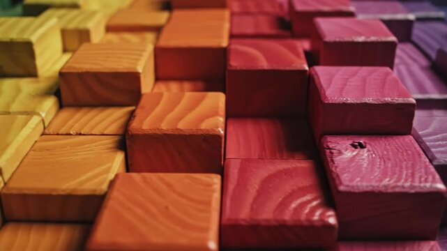 Close-up of three-dimensional mosaic composed of textured wooden blocks in blue, green, yellow and orange gradient, showcasing detailed wood grain and shallow depth of field.