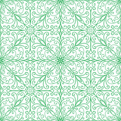 Fototapeta premium Intricate seamless ornament in fresh green and white, combining botanical curls, mirrored leaves, floral centers, and decorative tile-like symmetry.