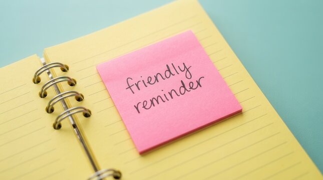 Pink sticky note with friendly reminder text on a yellow notepad page.