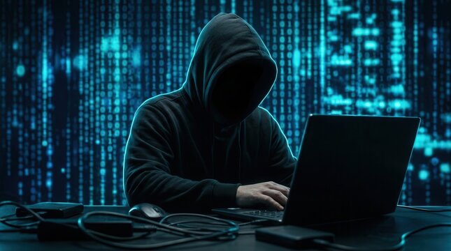 An anonymous hacker wearing a dark hoodie exploits social platforms to distribute scams.
