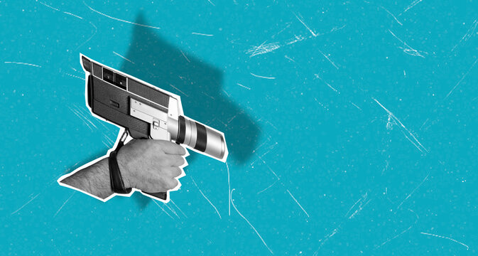 Art collage showing a hand holding a vintage video camera against a blue background