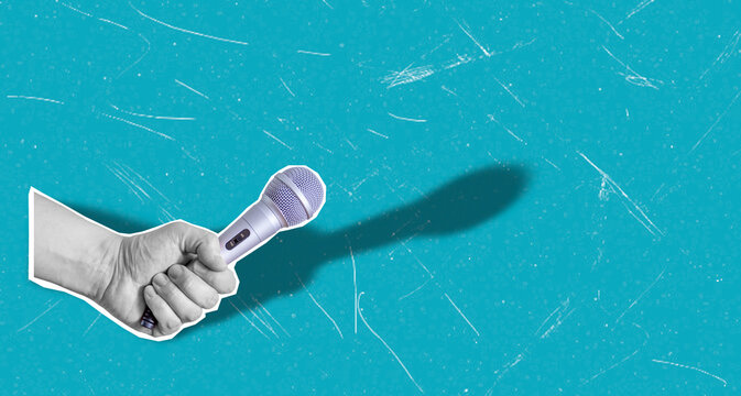 Collage of a microphone held in a hand on a blue background