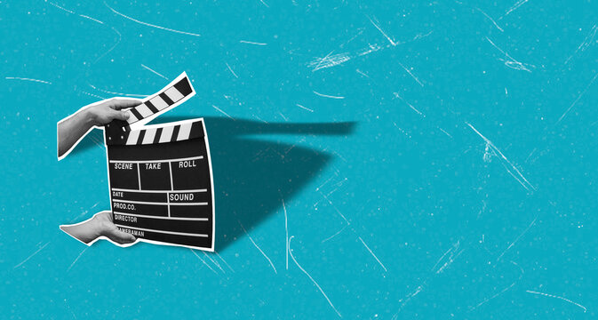 Art collage featuring a clapperboard on a blue background showing a film scene setup