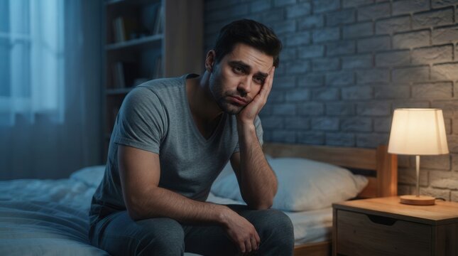 A handsome man suffering from insomnia is unable to sleep at night in his bedroom.