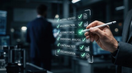 Fototapeta premium An inspector marking a virtual QA QC task list for quality control checklist concept.