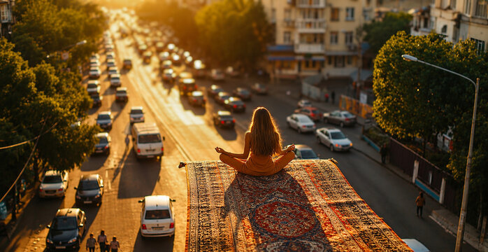 Magic flying carpet hovering above city traffic jam, with relaxed woman meditating in yoga pose, piloting surreal sustainable, green vehicle, fun zero-carbon transportation fantasy sunset photo shot