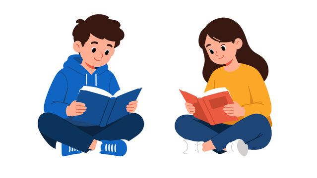 Cartoon boy and girl sitting cross legged reading books