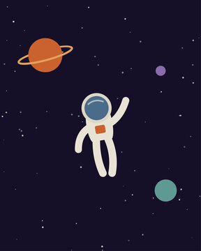 Cute cartoon astronaut waving in outer space with colorful planets and starry background, minimalist flat vector illustration