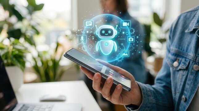 AI chatbot virtual assistant interface on a smartphone for business and customer service.