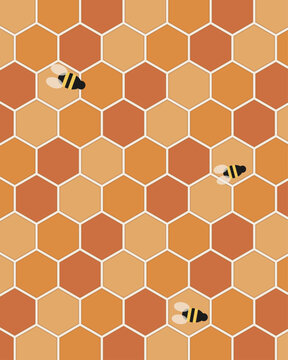 Seamless vector illustration of a honeybee pattern on orange honeycomb hexagonal cells, perfect for background and wrapping paper designs.