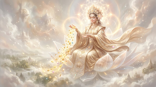 divine celestial maiden in luminous robes surrounded by ethereal light and floating islands creating a serene divine atmosphere