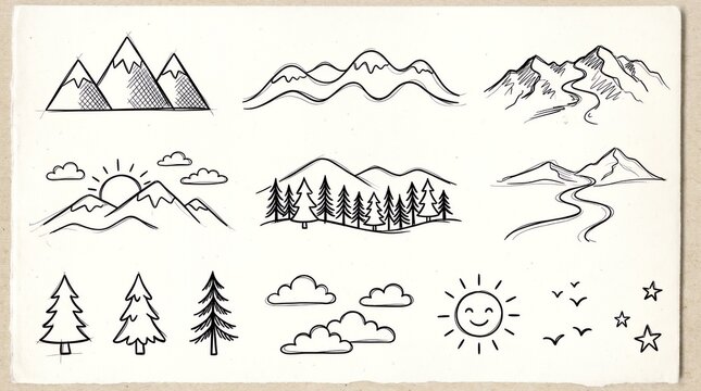 Hand drawn mountain ridge sketch set whimsical nature doodles with hills sun clouds and trees minimalist outdoor adventure and travel illustrations for creative design assets mountain doodle