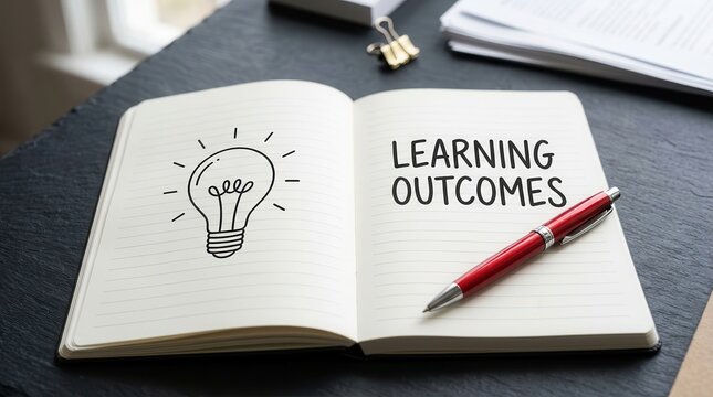 Open notebook featuring the text learning outcomes and a light bulb illustration.