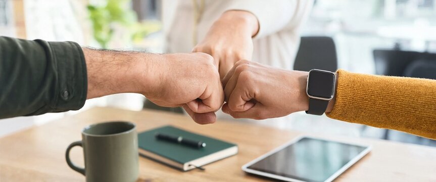 Team members doing a fist bump over wooden desk with tablet and notebook for business collaboration.