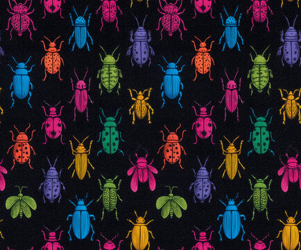 Pattern with neon beetles. Contrasting seamless pattern with beetles in neon colors on a dark background. Modern and stylish design with a bright visual accent.