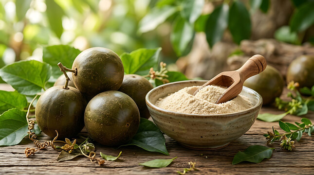 Monk fruit sweetener powder in a bowl with wooden scoop and whole fresh luo han guo on a rustic wooden table in nature