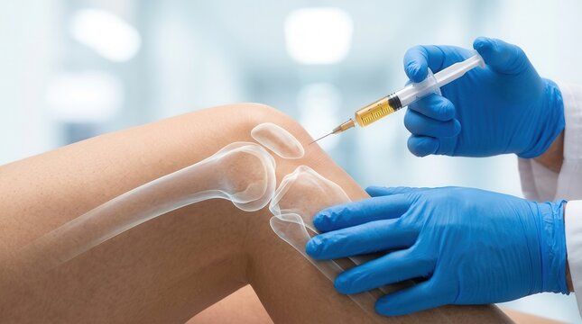 Clinician performing a knee joint injection for non-surgical osteoarthritis treatment.