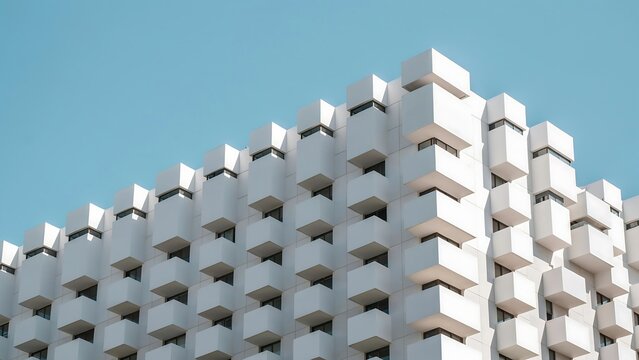 Modern white building facade with geometric balcony pattern against blue sky