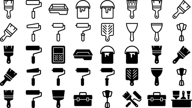 Black and White Painting Tools Icons Set.