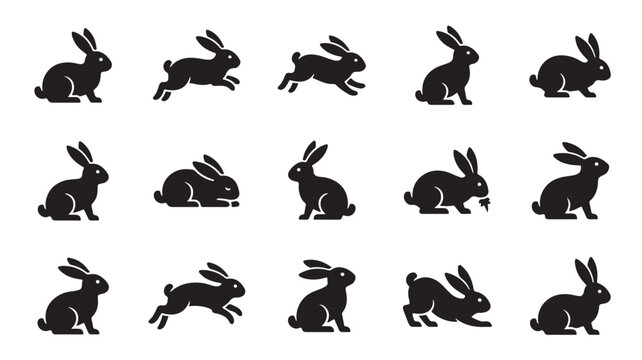 Minimalist rabbit silhouette collection, set of 15 black bunny vector icons, jumping and sitting hare symbols for Easter and nature branding