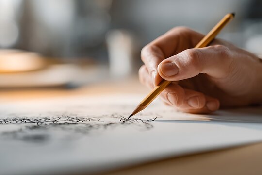 Close up of a hand drawing with a pencil on paper.