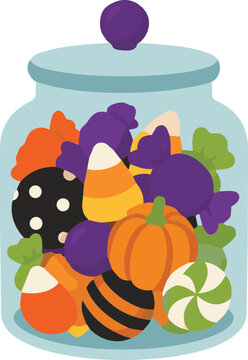 Halloween candy jar flat vector illustration featuring glass container filled with assorted festive sweets isolated on white background