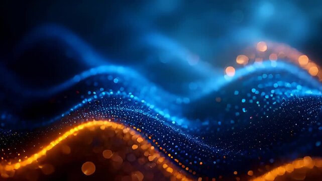 Abstract motion background of glowing gold and blue particles forming flowing waves with bokeh effect. Concept of digital energy, data flow, luxury, and futuristic technology.
