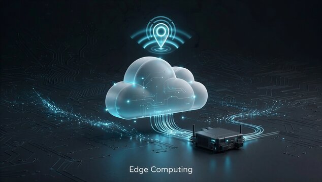 Glowing cloud above circuit board and chip symbolize edge computing v2, with real time data processing at network edge for low latency and smart connection.