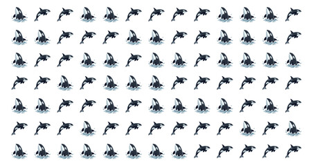 seamless pattern of jumping killer whales in black and white with smooth curves and blue accents for decorative use © Fendik eps