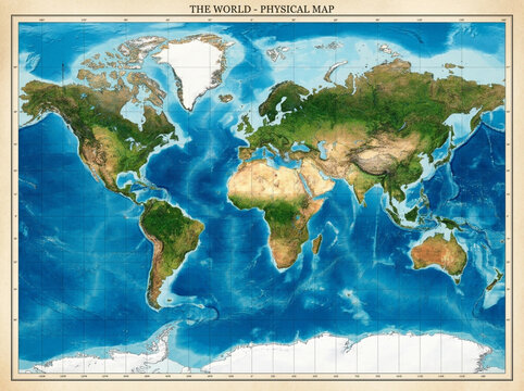 Detailed physical world map displaying continents oceans and topography with vintage style border and cartographic geographic data, geography
