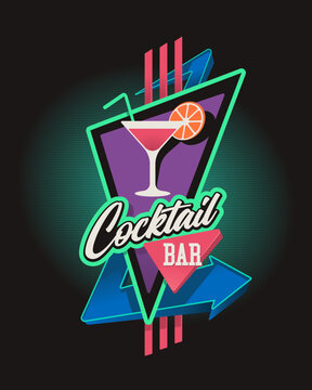 Retro neon sign vector illustration for cocktail bar in 80s style
