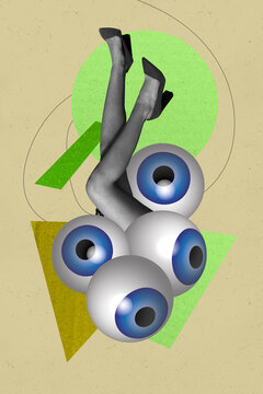 Sketch vertical photo collage of anonym human upside down eyeball stare pile control eyesight vision cyclops caricature