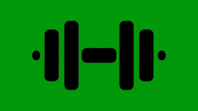 Animated black barbell and weights shape symbol on solid green screen chroma key background.
