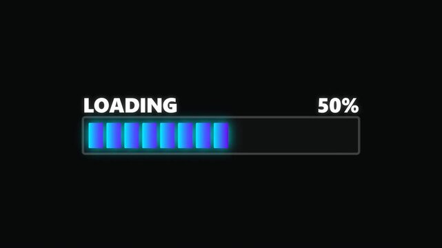Blue glowing futuristic loading progress bar animation percentage counter increase.